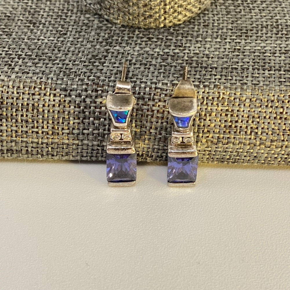 Vintage Earrings 925 Sterling Silver Art Deco Blue Tanzanite Opal Small Drop